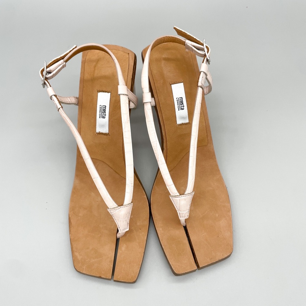 Miista London Womens 40 9.5 Ailsa Split Toe Sandals Pink Croc Leather Thong Heel